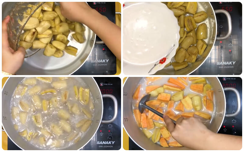 Nấu khoai lang và chuối với nước cốt dừa dão trước