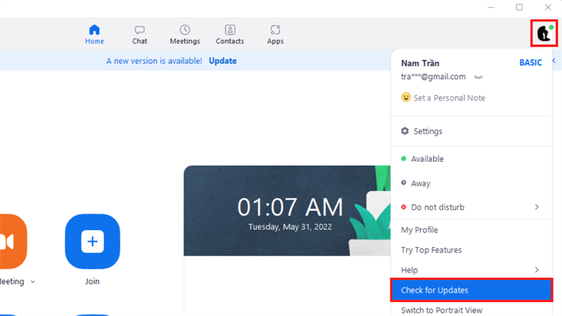 Vào Zoom, nhấn chọn vào Avatar > Check for Updates. Vào Zoom, nhấn chọn vào Avatar > Check for Updates.