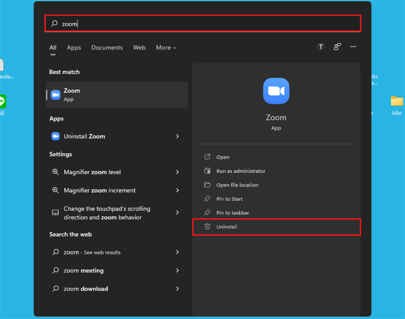 Gõ tìm với từ khóa zoom trong phần Windows Search > Uninstall. Gõ tìm với từ khóa zoom trong phần Windows Search > Uninstall.