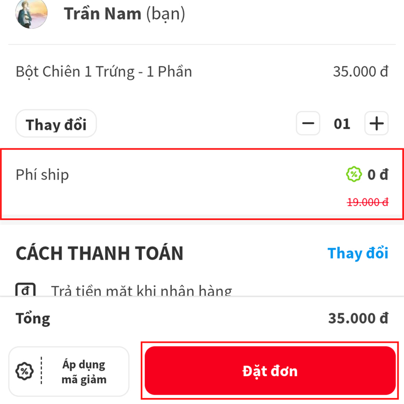 Ấn vào nút Đặt đơn