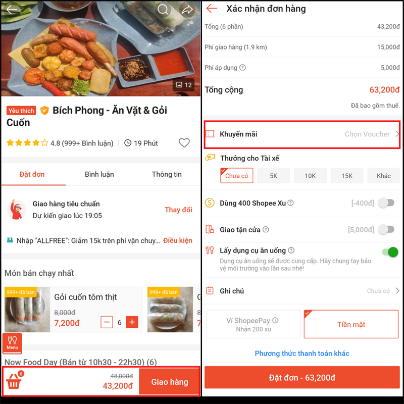 Nhấn vào Giao hàng  Chọn Voucher.