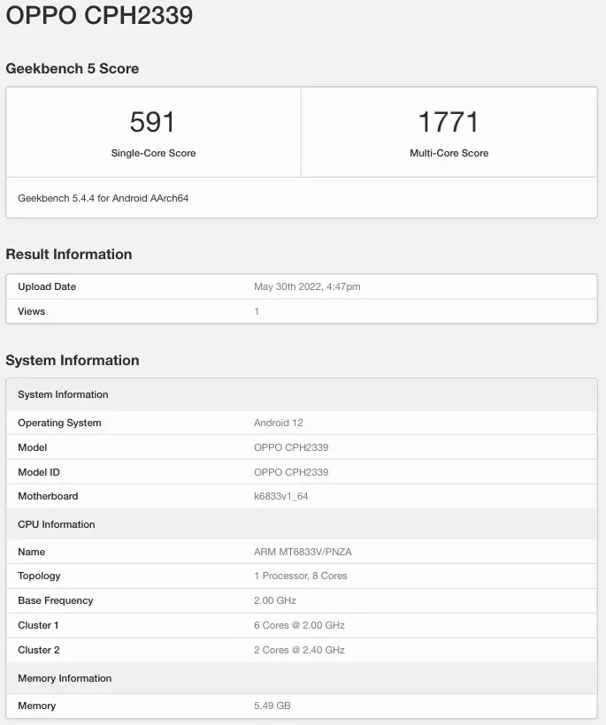 OPPO A77 5G chạy Dimensity 810 lộ điểm hiệu năng trên Geekbench OPPO A77 5G chạy Dimensity 810 lộ điểm hiệu năng trên Geekbench