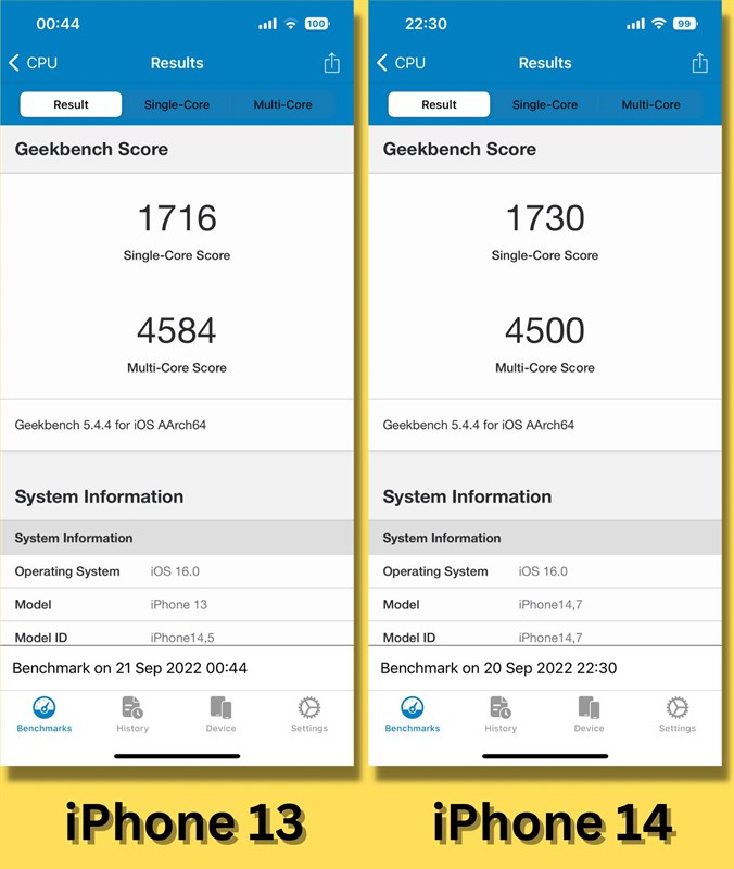 So sánh điểm GeekBench 5 (đơn nhân/đa nhân) của iPhone 13 (bên trái) và iPhone 14 (bên phải). So sánh điểm GeekBench 5 (đơn nhân/đa nhân) của iPhone 13 (bên trái) và iPhone 14 (bên phải).