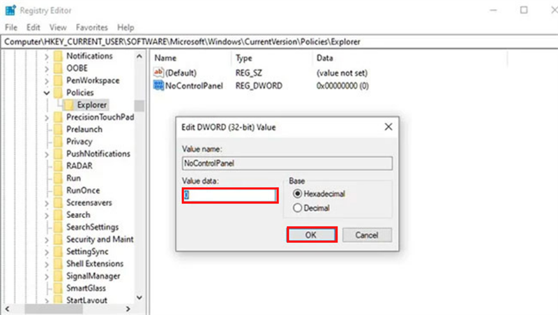 Nhấn đúp chuột vào NoControlPanel và đổi Value Data thành 0. 