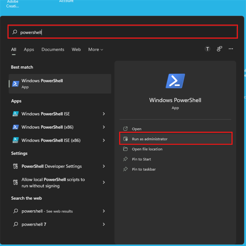 Gõ tìm từ khóa PowerShell > Run as administrator.