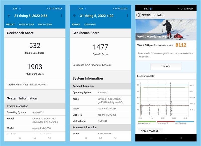 Kết quả bài test GeekBench 5 (bên trái và chính giữa) và PCMark (bên phải) Kết quả bài test GeekBench 5 (bên trái và chính giữa) và PCMark (bên phải)