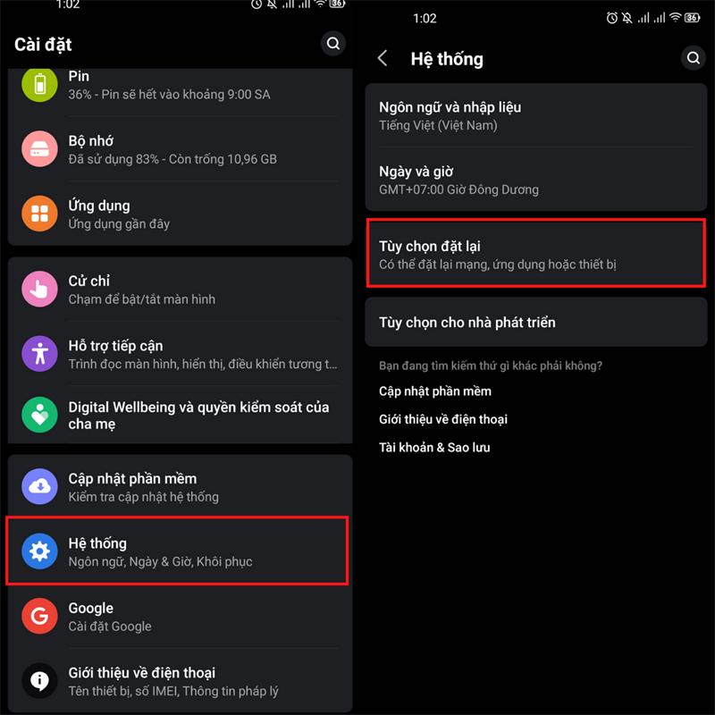 Vào Cài đặt, chọn Hệ thống > Tùy chọn đặt lại.