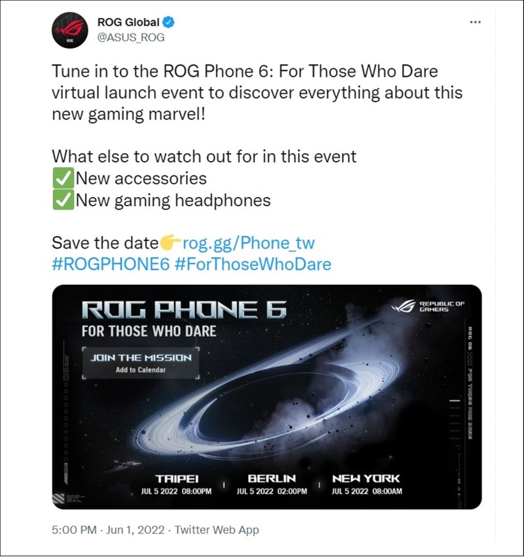 ASUS ROG Phone 6 chính thức được ấn định ngày ra mắt, trang bị Snapdragon 8+ Gen 1 ASUS ROG Phone 6 chính thức được ấn định ngày ra mắt, trang bị Snapdragon 8+ Gen 1