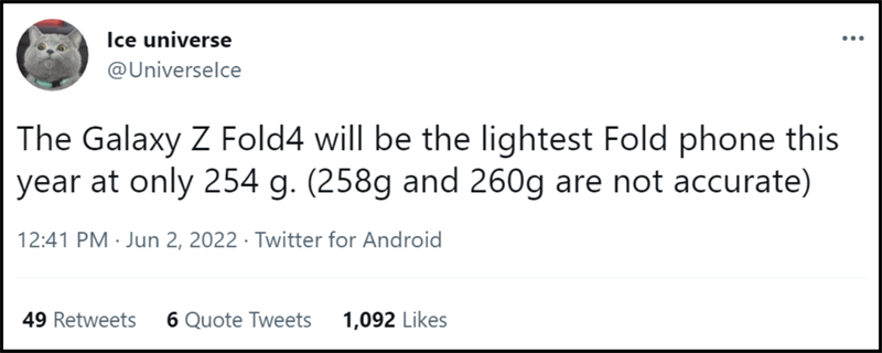 Galaxy Z Fold4 được cho là chỉ nặng 254 gram