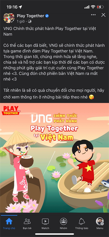 Thông báo chính thức từ Fanpage của Play Together về việc VNG sẽ đảm nhận phát hành