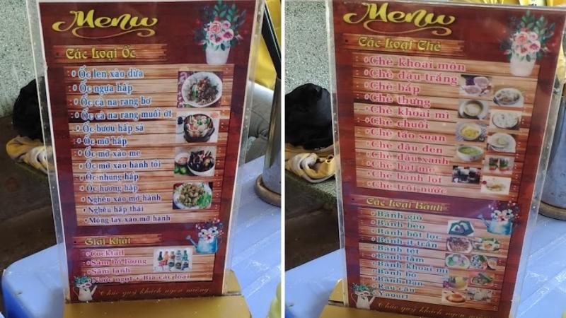 Menu tại quán ăn vặt Cô Nữ