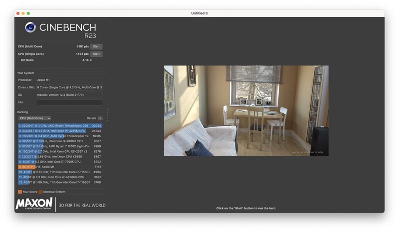 Kết quả bài test bằng phần mềm Cinebench R23 trên Macbook Air M1