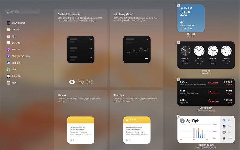macOS Monterey 12.4 đã có sự đa dạng hơn về số lượng widger của các ứng dụng