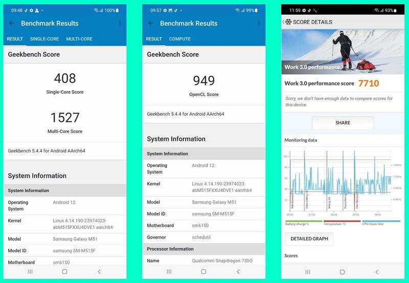 Điểm benchmark của Samsung Galaxy M51 được chấm trên Geekbench 5 và PCMark