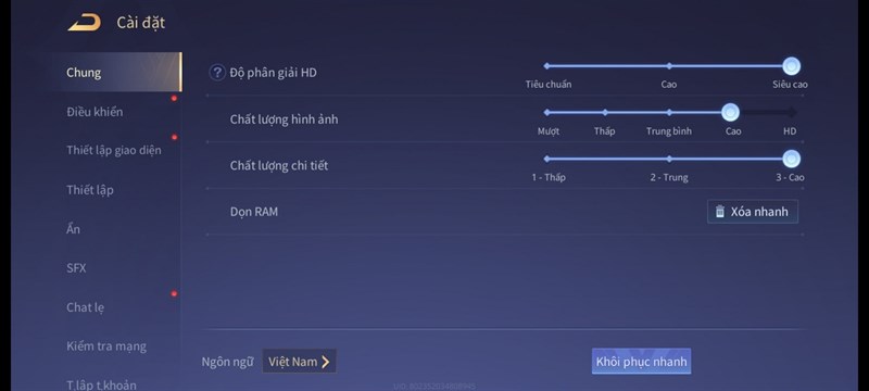 Thiết lập đồ họa trong game Liên Quân Mobile mà mình dùng để test pin Galaxy M51.