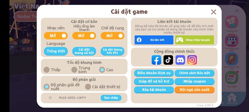 Thiết lập đồ họa của Play Together trên Samsung Galaxy M51