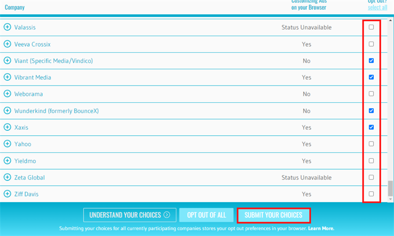 Tích chọn trang web quảng cáo mà bạn muốn chặn và ấn nút SUBMIT YOUR CHOICES