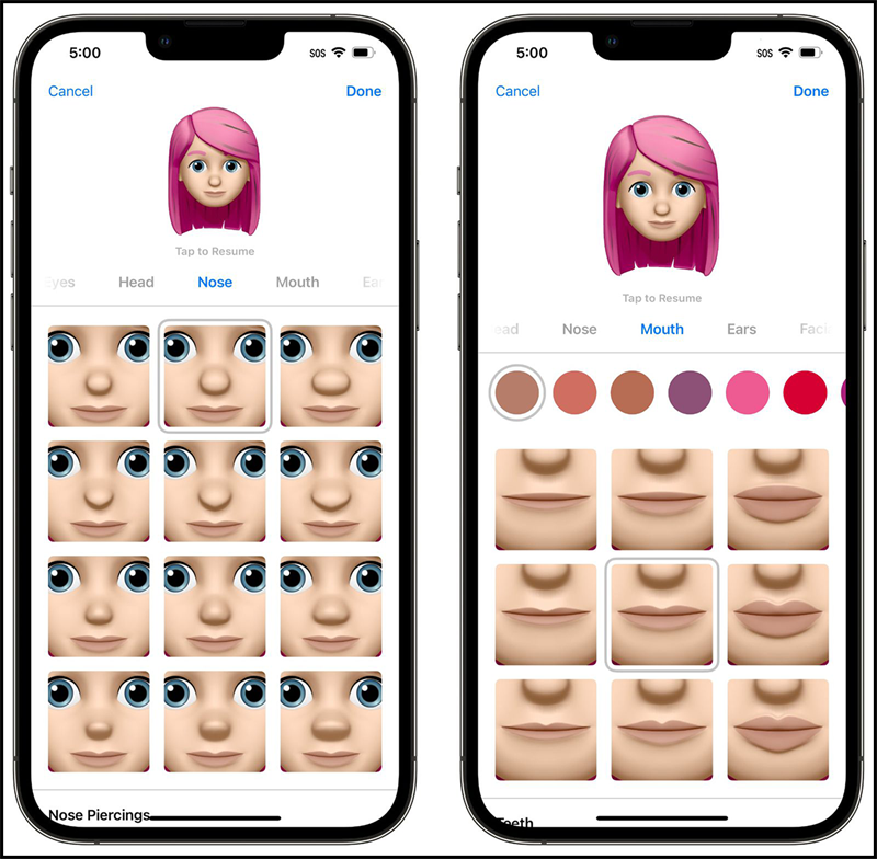 Kiểu mũi và màu môi mới Memoji trên iOS 16