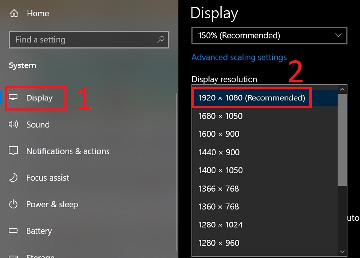 Chọn mục Display và điều chỉnh trong phần Display resolution.