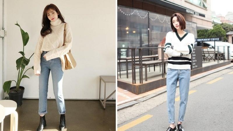 Quần baggy jeans với áo len