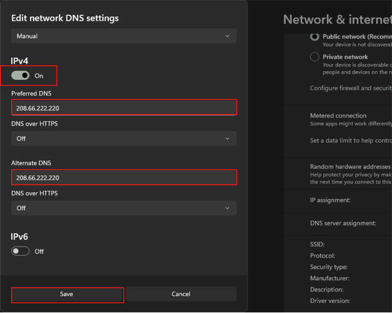 Bật On IPv4 lên, điền vào 2 ô Preferred DNS và Alternate DNS địa chỉ 208.66.222.220 và cuối cùng là nhấn Save. Bật On IPv4 lên, điền vào 2 ô Preferred DNS và Alternate DNS địa chỉ 208.66.222.220 và cuối cùng là nhấn Save.