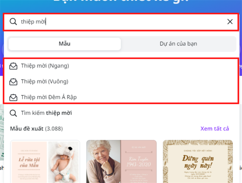 Tìm kiếm thiệp mời và chọn kết quả ưng ý