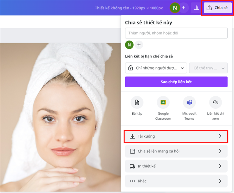 Sau đó chú ý tới phần trên bên phải có nút Chia sẻ, nhấn vào nút này > Tải xuống.