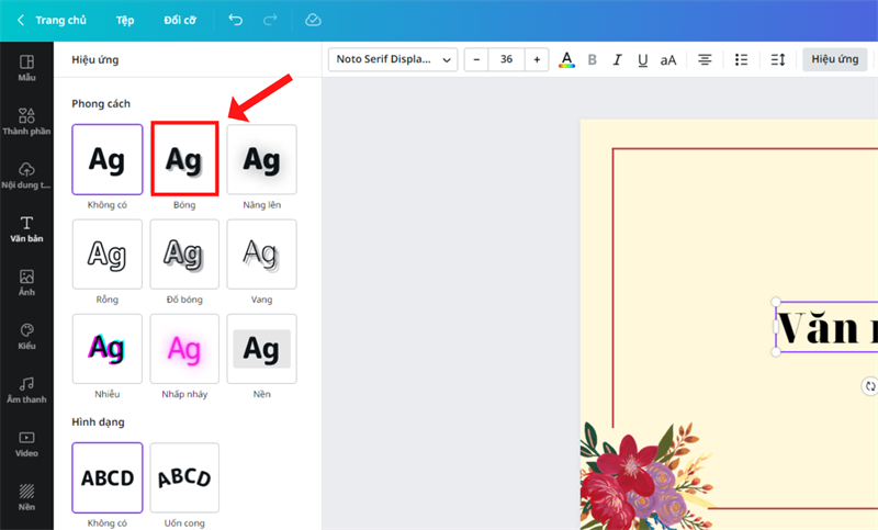 Nhấn chọn vào hiệu ứng Bóng.