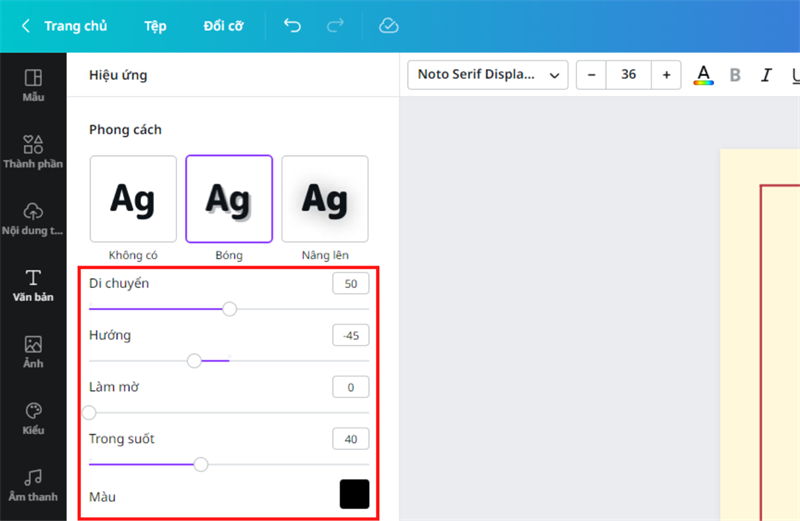 Các bạn cũng có thể tùy chỉnh thêm với các tùy chỉnh nằm ngay bên dưới nút hiệu ứng.