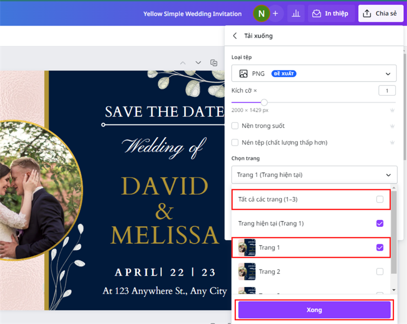 Bỏ tích ở mục Tất cả các trang đi và tích vào 1 trang duy nhất > Tải xuống.