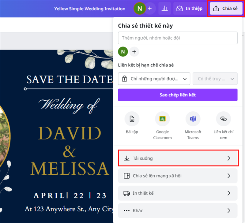Vào bên trong thiết kế, nhấn nút Chia sẻ > Tải xuống.