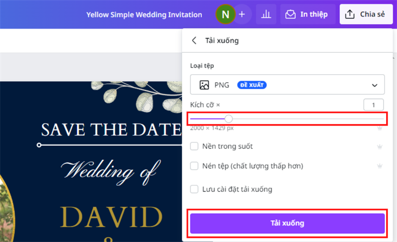 Ở thanh Kích cỡ, kéo xuống mức thấp nhất > Tải xuống.