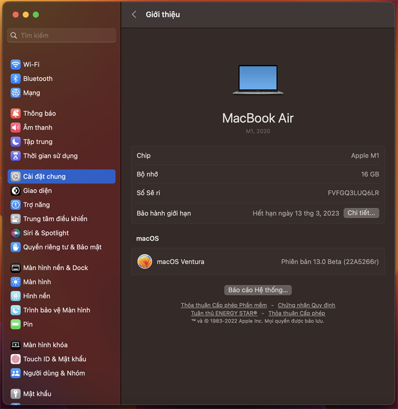 Cấu hình MacBook Air M1 sau khi cập nhật macOS Ventura 13.