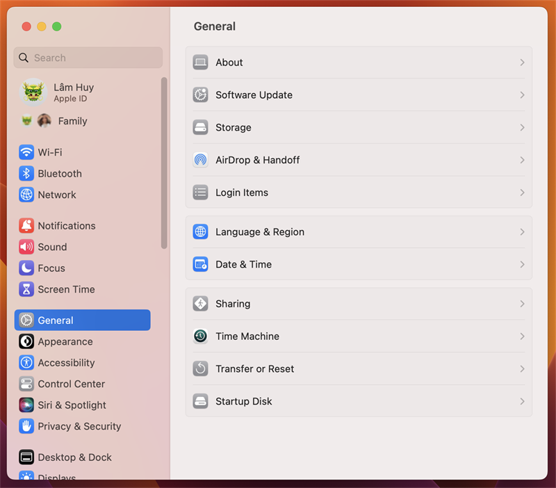 Mỗi lần muốn reset MacBook thì mình chỉ cần vào Cài đặt chung (General).