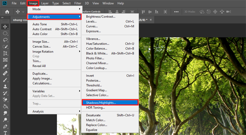 Nhấn chọn vào Layer vừa mới tạo bên trên, sau đó truy cập vào Image > Adjustment > Shadows/Highlights. Nhấn chọn vào Layer vừa mới tạo bên trên, sau đó truy cập vào Image > Adjustment > Shadows/Highlights.