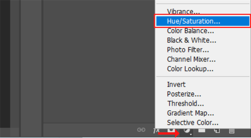 Nhấp vào Create a new fill or adjustment layer và chọn Hue/Saturation.