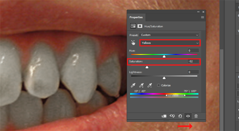 Chọn kênh màu là Yellows, kéo thanh Saturation sang trái đến khi nào thấy phù hợp.