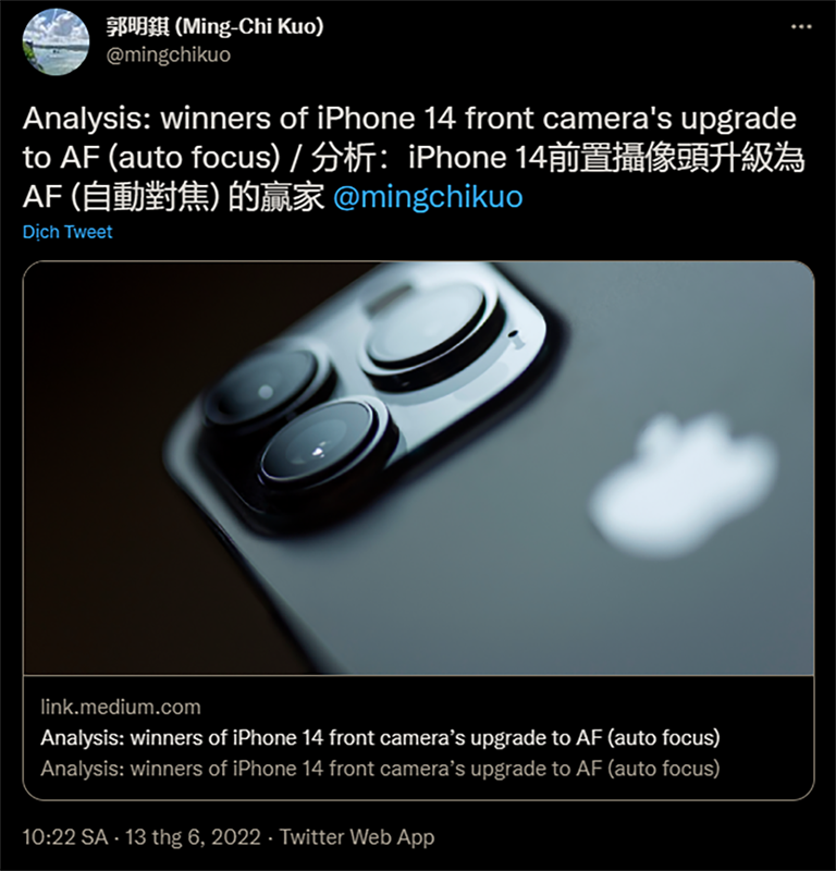 Tweet của Ming-Chi Kuo về việc Apple nâng cấp camera trước Tweet của Ming-Chi Kuo về việc Apple nâng cấp camera trước