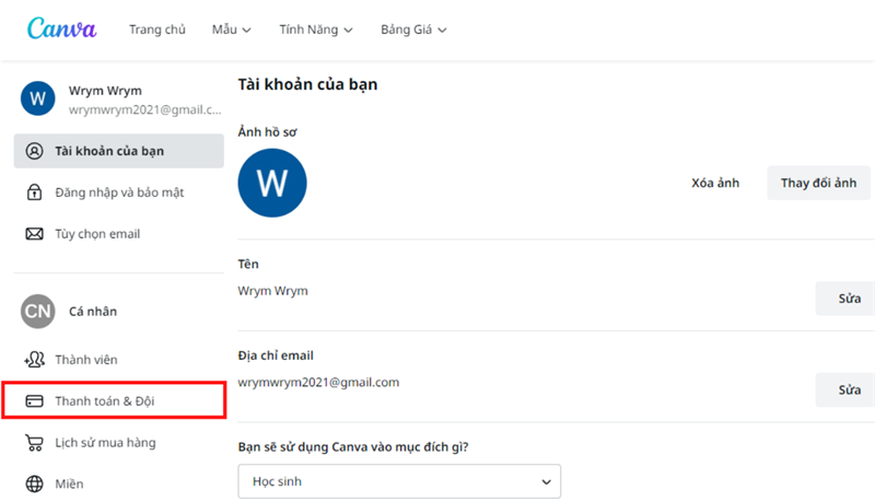 Nhấn chọn vào mục Thanh toán & đội.