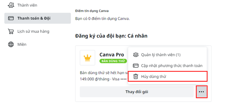 Sau đó nhấn vào dấu 3 chấm nằm ngang. Chọn Hủy.