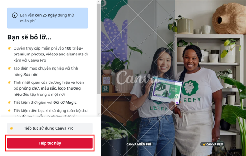 Một bảng mới hiện ra, các bạn nhấn vào nút Tiếp tục hủy.