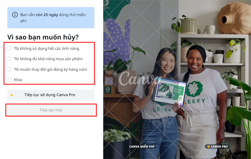 Chọn Lý do bạn muốn hủy. Ở đây thì chọn cái nào cũng được. Sau đó nhấn vào nút Tiếp tục hủy.