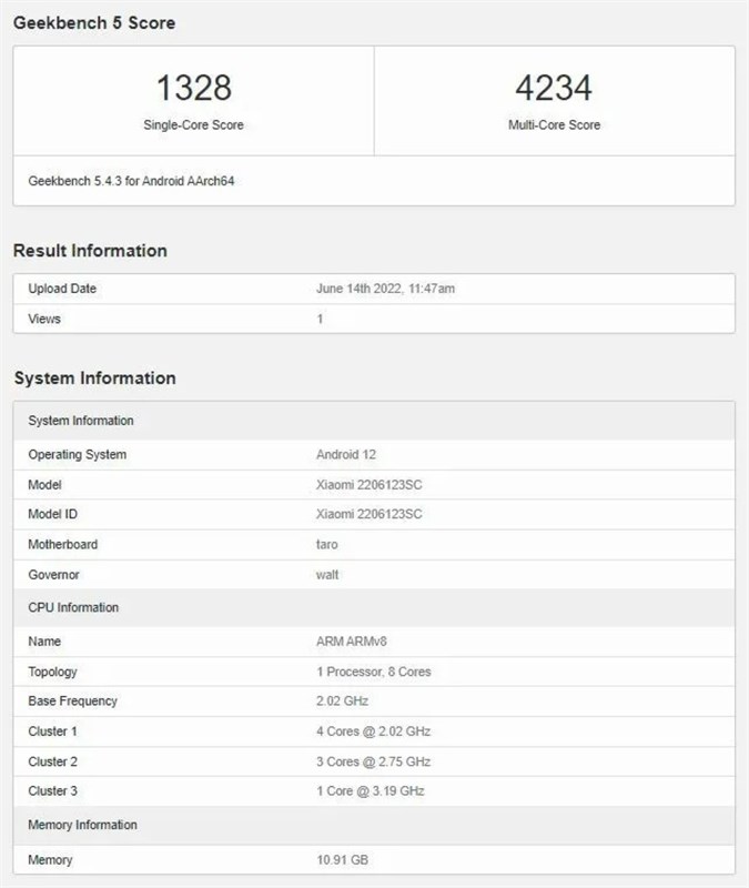Xiaomi 12S lộ diện trên GeekBench với Snapdragon 8+ Gen 1 và RAM 12GB Xiaomi 12S lộ diện trên GeekBench với Snapdragon 8+ Gen 1 và RAM 12GB