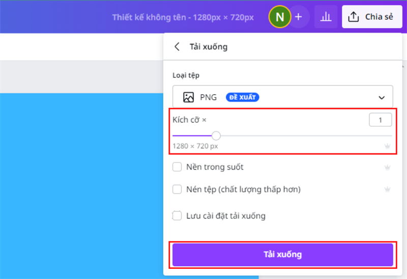 Ở thanh Kích cỡ, bạn sẽ cần phải kéo thanh này sang bên phải hết mức có thể. Sau đó thì nhấn vào nút Tải xuống như bình thường.