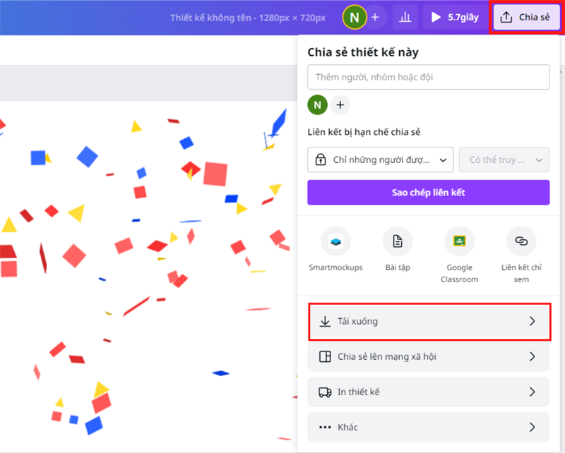 Trong giao diện thiết kế, chọn vào Chia sẻ > Tải xuống.