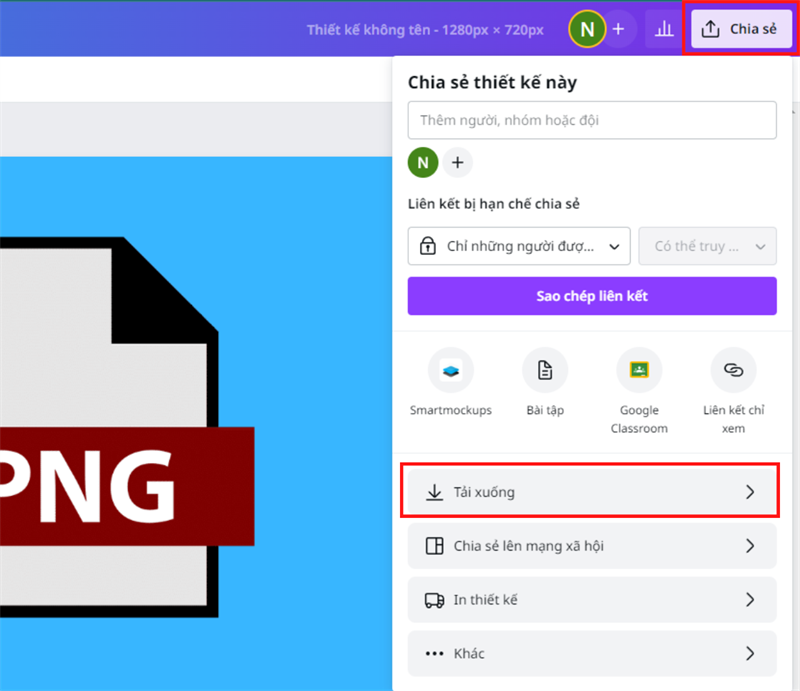 Bên trong giao diện thiết kế của Canva thì hãy nhấn vào nút Chia sẻ ở góc trên bên phải, chọn Tải xuống.