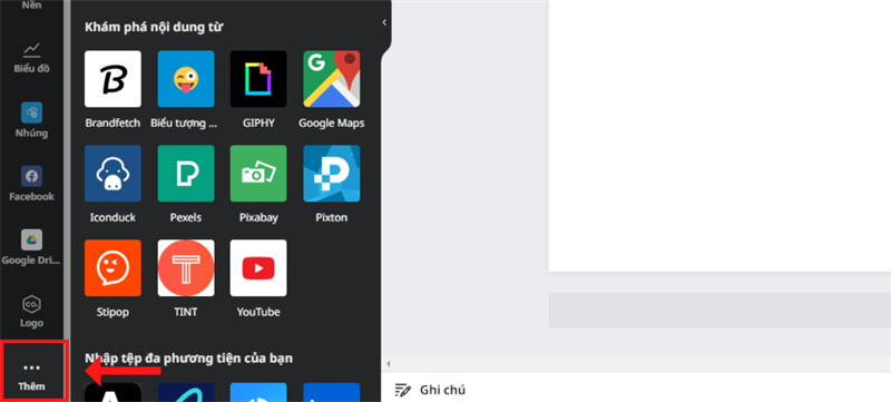 Ở Menu bên trái của giao diện thiết kế, các bạn hãy kéo chuột xuống một tí. Tìm và nhấn chọn vào phần Thêm.