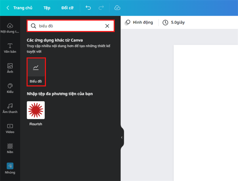 Ở thanh tìm kiếm phía bên trên, các bạn gõ tìm cụm từ biểu đồ. Nhấn vào mục Biểu đồ sau khi tìm kiếm nó thành công.