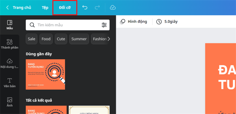 Nhấn vào nút Đổi cỡ. Nhấn vào nút Đổi cỡ.