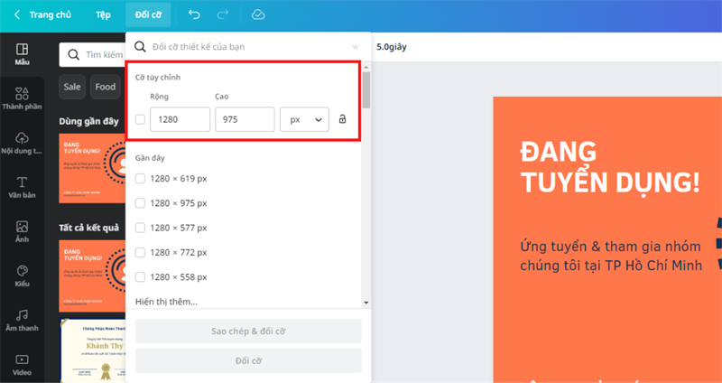Trong phần Cỡ tùy chỉnh sẽ là nơi bạn thay đổi kích thước cho thiết kế của bạn. Trong phần Cỡ tùy chỉnh sẽ là nơi bạn thay đổi kích thước cho thiết kế của bạn.